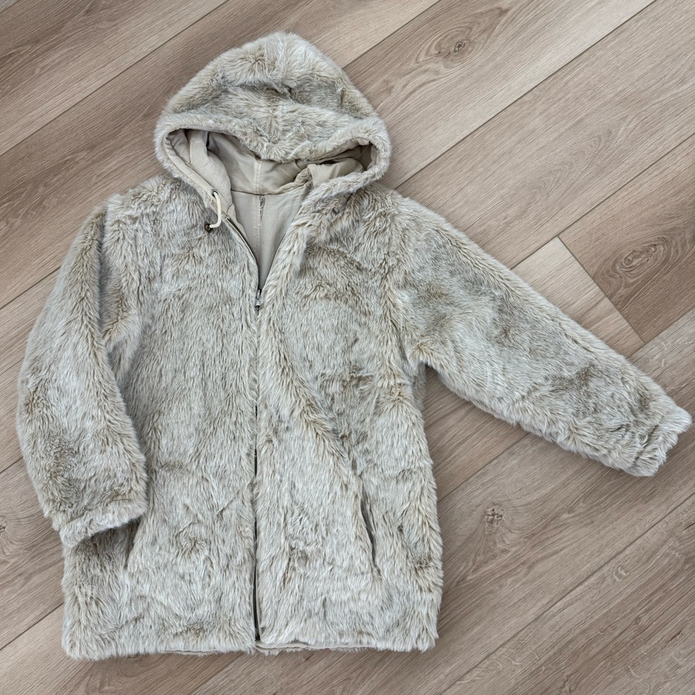 Vintage Faux Fur Hooded Jacket - Cream